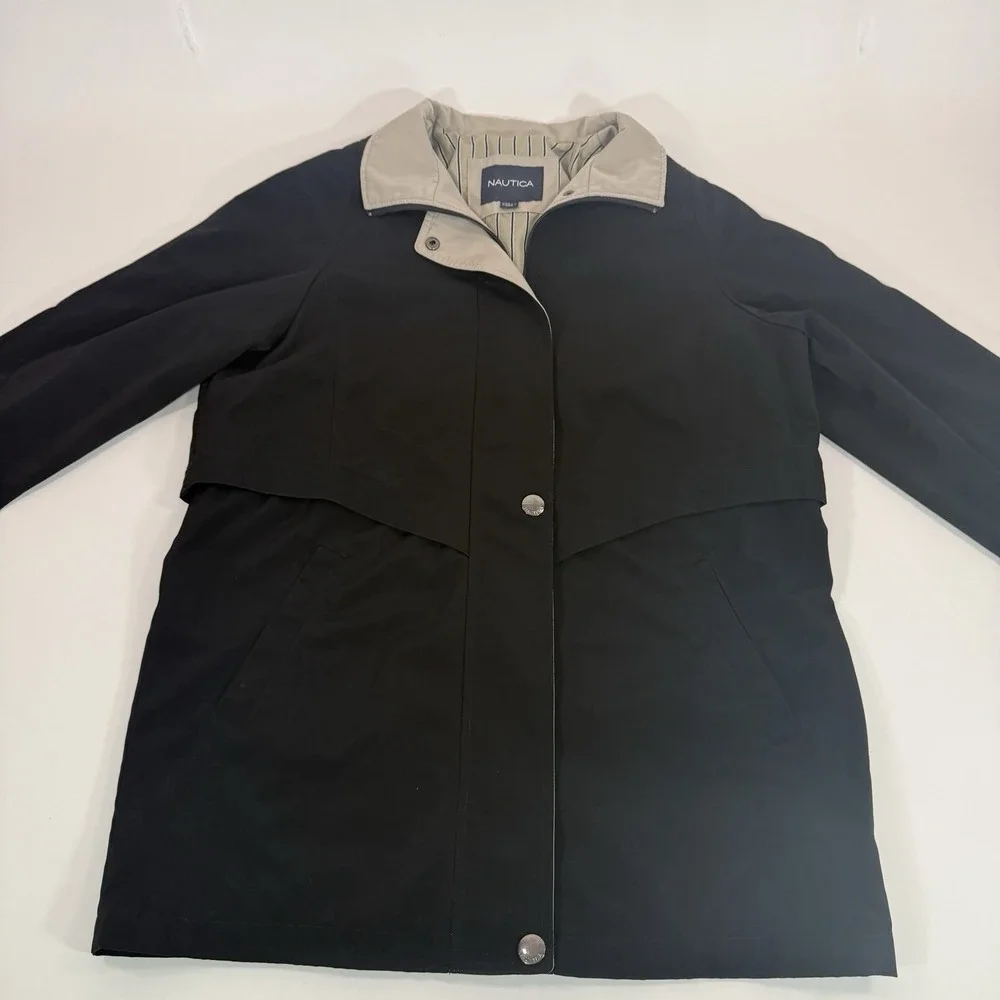 Nautica‎ Womens Rain Jacket Trench Coat Large Black Lightweight Long Sleeve